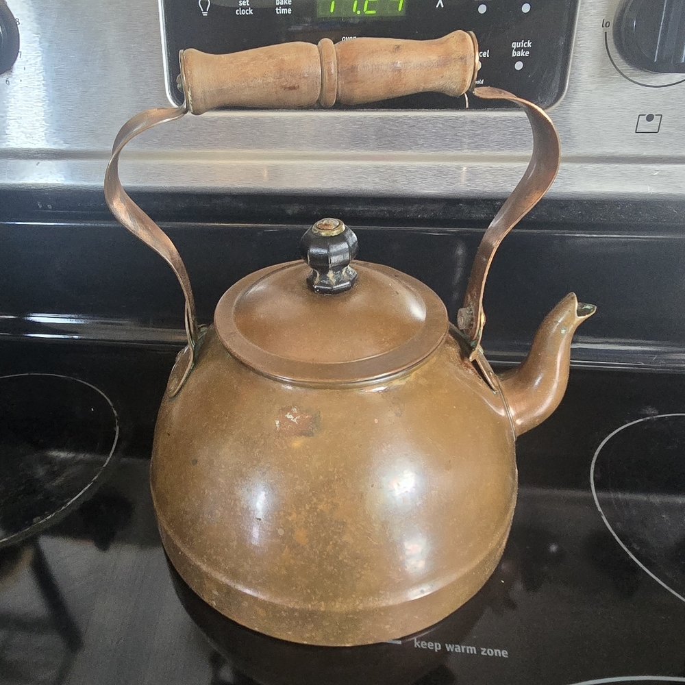 Antique Copper Tea Kettle with Wooden Handle